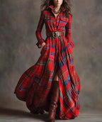 Retro Western Tartan Maxi Dress, Lapel Button Down Long Sleeve Chest Pockets Ruched Waist Front Slit Flowy Dress For Fall Street Outfit