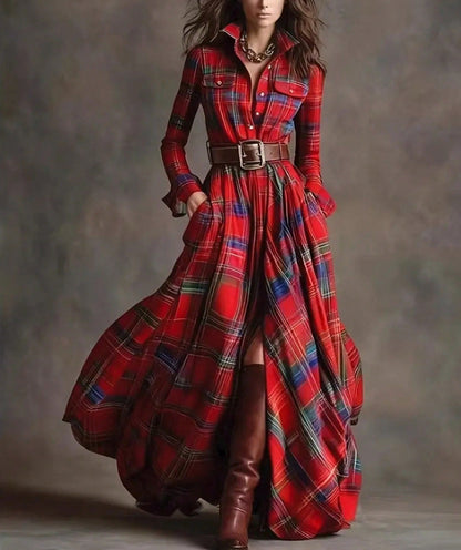 Retro Western Tartan Maxi Dress, Lapel Button Down Long Sleeve Chest Pockets Ruched Waist Front Slit Flowy Dress For Fall Street Outfit