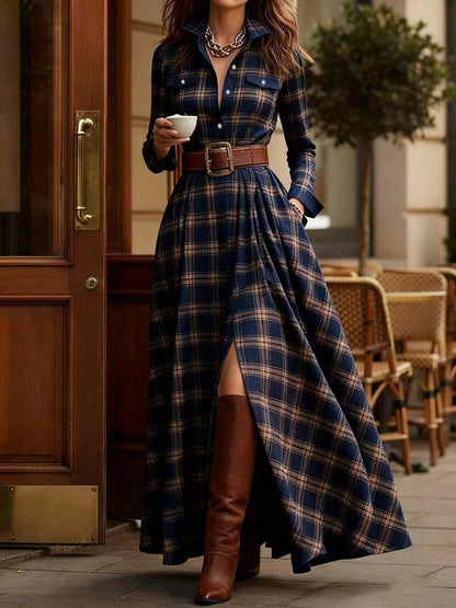 Retro Western Tartan Maxi Dress, Lapel Button Down Long Sleeve Chest Pockets Ruched Waist Front Slit Flowy Dress For Fall Street Outfit