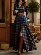 Retro Western Tartan Maxi Dress, Lapel Button Down Long Sleeve Chest Pockets Ruched Waist Front Slit Flowy Dress For Fall Street Outfit