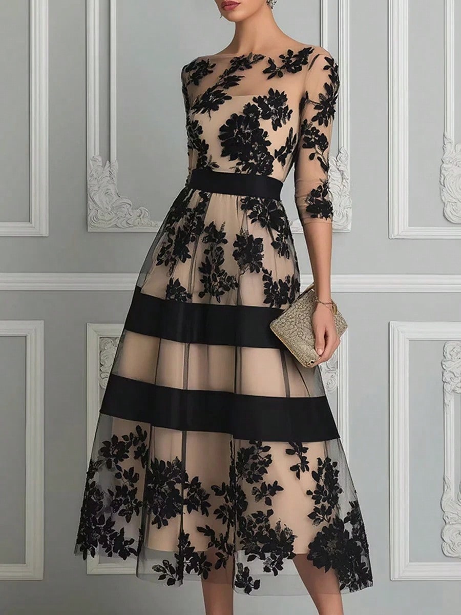Women's Elegant Black Floral Lace Sheer Mesh Midi Dress, 3/4 Sleeve Fitted Waist A-Line Wedding Guest Cocktail Formal Evening Dress