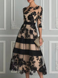 Women's Elegant Black Floral Lace Sheer Mesh Midi Dress, 3/4 Sleeve Fitted Waist A-Line Wedding Guest Cocktail Formal Evening Dress