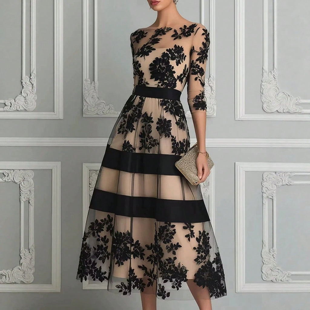 Women's Elegant Black Floral Lace Sheer Mesh Midi Dress, 3/4 Sleeve Fitted Waist A-Line Wedding Guest Cocktail Formal Evening Dress