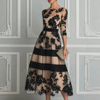 Women's Elegant Black Floral Lace Sheer Mesh Midi Dress, 3/4 Sleeve Fitted Waist A-Line Wedding Guest Cocktail Formal Evening Dress