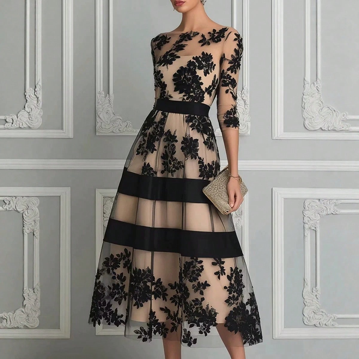 Women's Elegant Black Floral Lace Sheer Mesh Midi Dress, 3/4 Sleeve Fitted Waist A-Line Wedding Guest Cocktail Formal Evening Dress