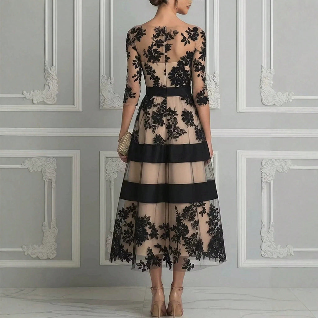 Women's Elegant Black Floral Lace Sheer Mesh Midi Dress, 3/4 Sleeve Fitted Waist A-Line Wedding Guest Cocktail Formal Evening Dress