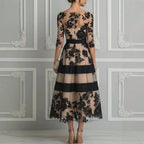 Women's Elegant Black Floral Lace Sheer Mesh Midi Dress, 3/4 Sleeve Fitted Waist A-Line Wedding Guest Cocktail Formal Evening Dress