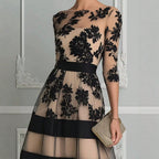 Women's Elegant Black Floral Lace Sheer Mesh Midi Dress, 3/4 Sleeve Fitted Waist A-Line Wedding Guest Cocktail Formal Evening Dress