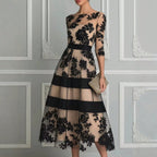 Women's Elegant Black Floral Lace Sheer Mesh Midi Dress, 3/4 Sleeve Fitted Waist A-Line Wedding Guest Cocktail Formal Evening Dress
