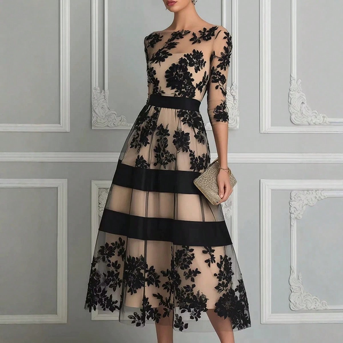 Women's Elegant Black Floral Lace Sheer Mesh Midi Dress, 3/4 Sleeve Fitted Waist A-Line Wedding Guest Cocktail Formal Evening Dress