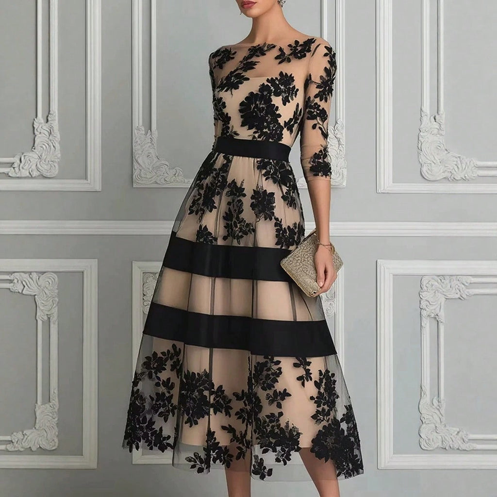 Women's Elegant Black Floral Lace Sheer Mesh Midi Dress, 3/4 Sleeve Fitted Waist A-Line Wedding Guest Cocktail Formal Evening Dress