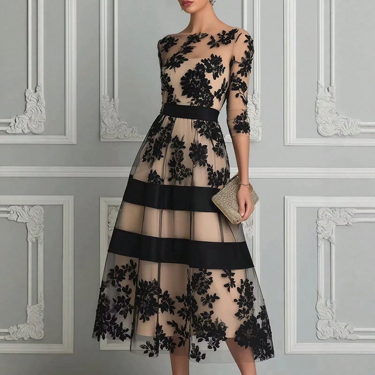 Women's Elegant Black Floral Lace Sheer Mesh Midi Dress, 3/4 Sleeve Fitted Waist A-Line Wedding Guest Cocktail Formal Evening Dress