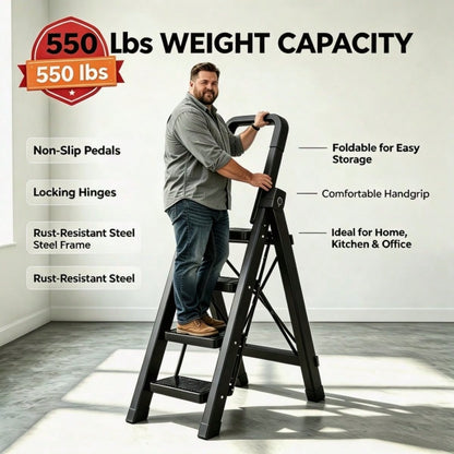 Heavy Duty 550 LBS Load Capacity Folding Step Ladder, 180° Foldable Handrail, Widened Thick Anti-Slip Pedal, Upgraded Stable Safety Lock, Multi-Purpose Household Ladder For Kitchen, Garage, Cleaning, Painting, Available In 5 Step