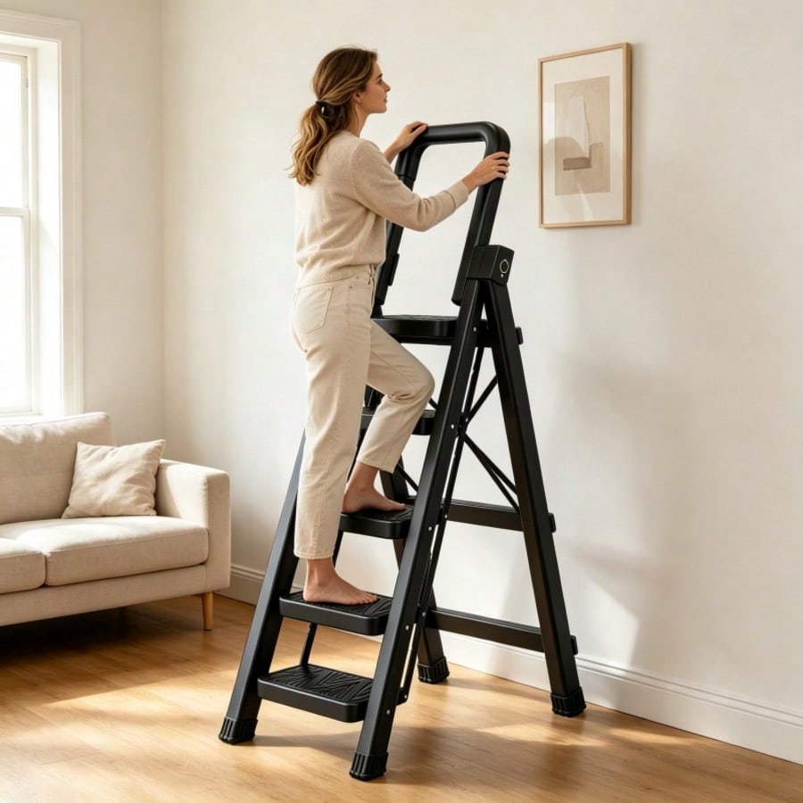 Heavy Duty 550 LBS Load Capacity Folding Step Ladder, 180° Foldable Handrail, Widened Thick Anti-Slip Pedal, Upgraded Stable Safety Lock, Multi-Purpose Household Ladder For Kitchen, Garage, Cleaning, Painting, Available In 5 Step