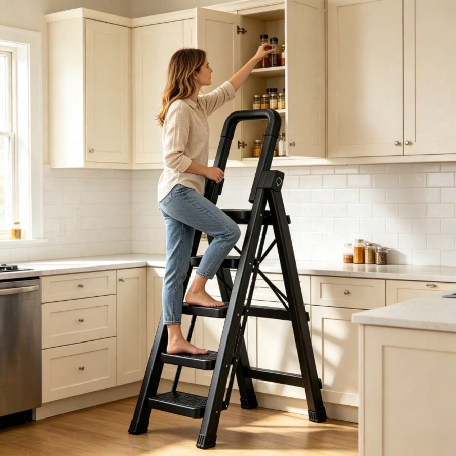 Heavy Duty 550 LBS Load Capacity Folding Step Ladder, 180° Foldable Handrail, Widened Thick Anti-Slip Pedal, Upgraded Stable Safety Lock, Multi-Purpose Household Ladder For Kitchen, Garage, Cleaning, Painting, Available In 5 Step