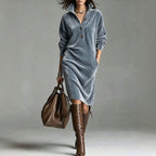 Women's Burgundy Velvet Look Midi Dress, Long Sleeve Collared Button Front Loose Fit Dress With Pockets For Fall Holiday Party