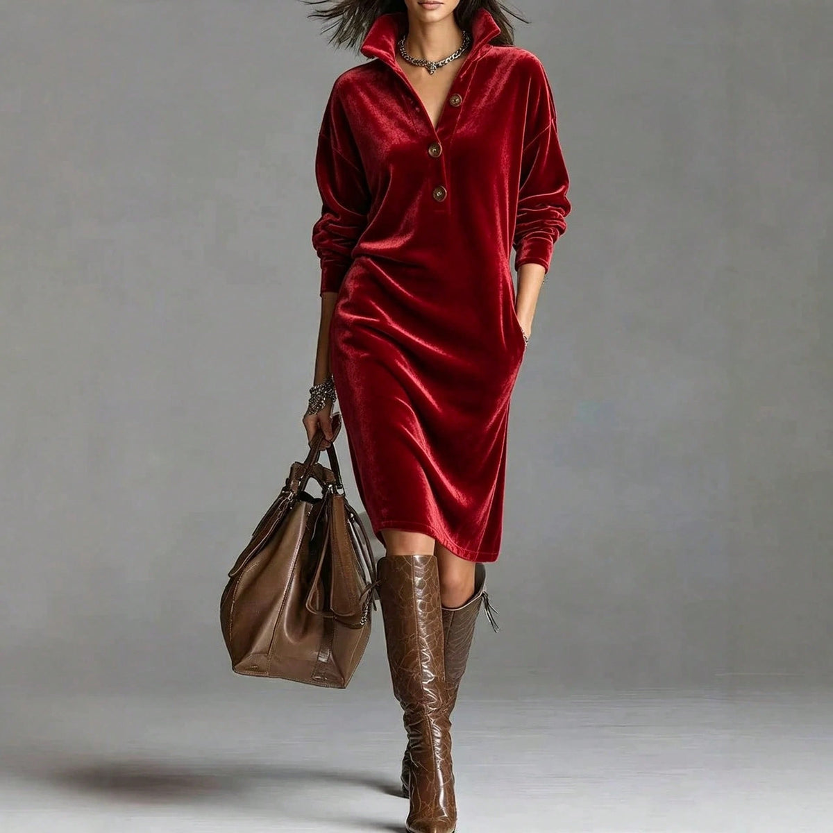 Women's Burgundy Velvet Look Midi Dress, Long Sleeve Collared Button Front Loose Fit Dress With Pockets For Fall Holiday Party