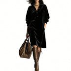 Women's Burgundy Velvet Look Midi Dress, Long Sleeve Collared Button Front Loose Fit Dress With Pockets For Fall Holiday Party