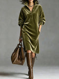Women's Burgundy Velvet Look Midi Dress, Long Sleeve Collared Button Front Loose Fit Dress With Pockets For Fall Holiday Party