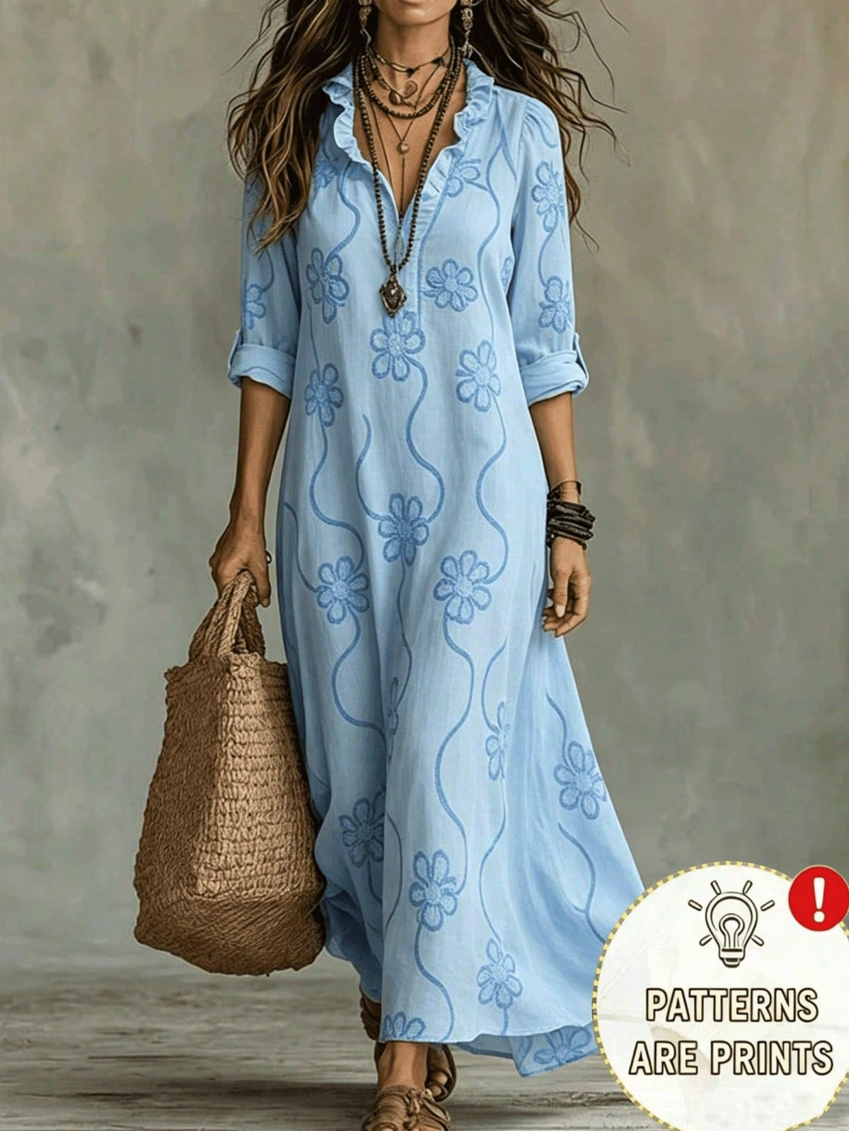 Bohemian Style V-Neck Long Sleeve Midi Dress, Women's Autumn Floral Embroidery Print Ruffle Hem Fashion Casual Loose Fit