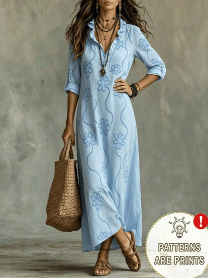 Bohemian Style V-Neck Long Sleeve Midi Dress, Women's Autumn Floral Embroidery Print Ruffle Hem Fashion Casual Loose Fit