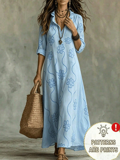 Bohemian Style V-Neck Long Sleeve Midi Dress, Women's Autumn Floral Embroidery Print Ruffle Hem Fashion Casual Loose Fit