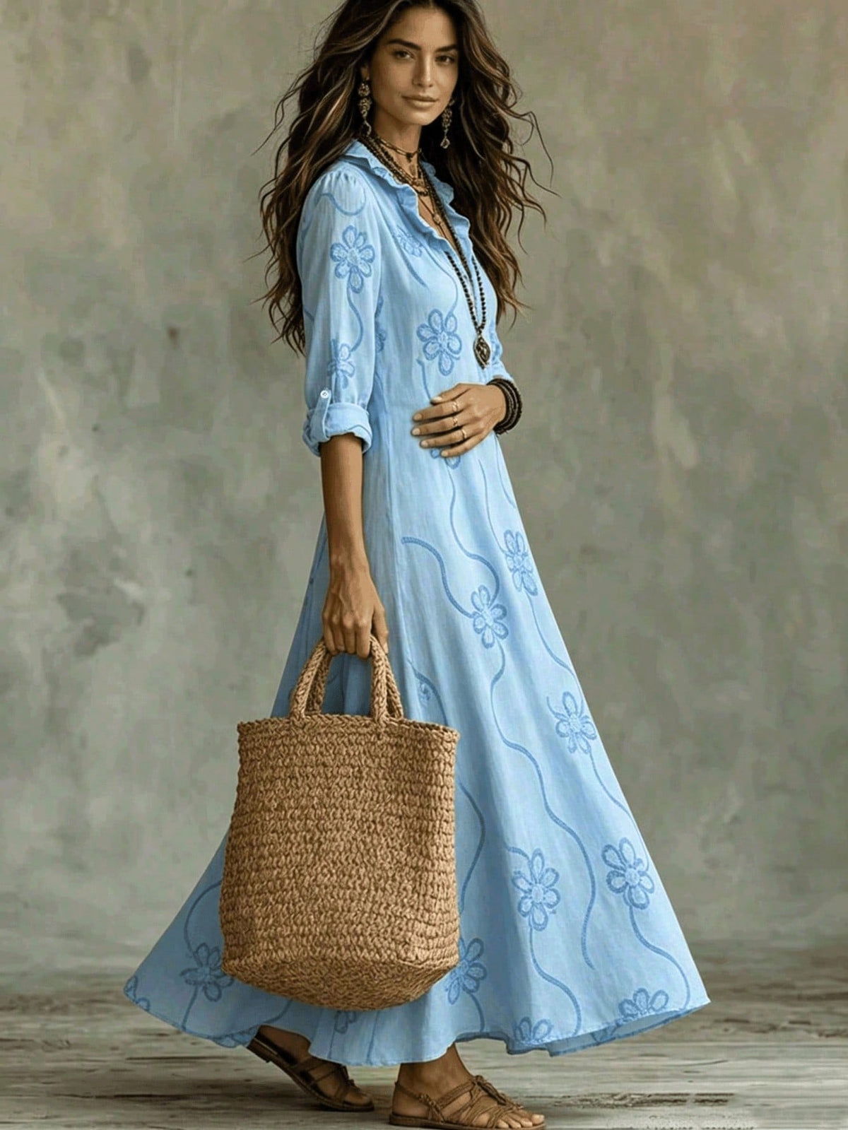 Bohemian Style V-Neck Long Sleeve Midi Dress, Women's Autumn Floral Embroidery Print Ruffle Hem Fashion Casual Loose Fit