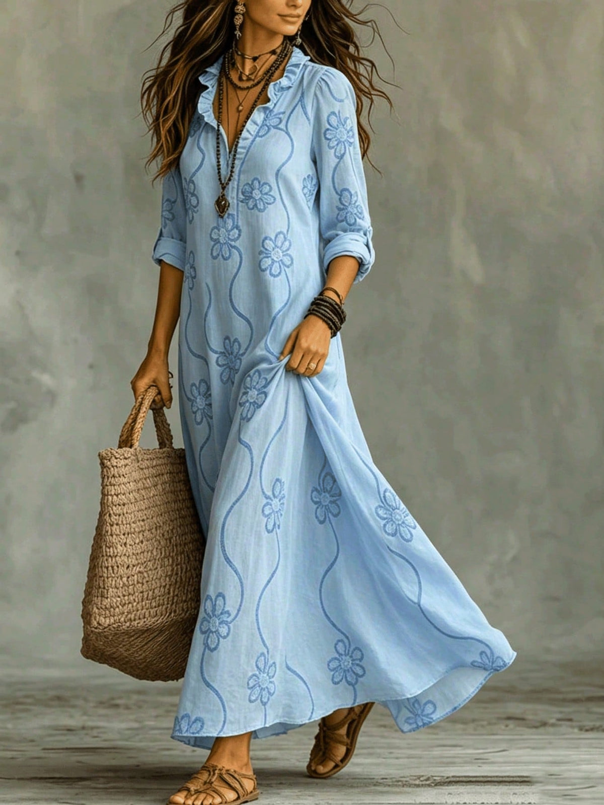 Bohemian Style V-Neck Long Sleeve Midi Dress, Women's Autumn Floral Embroidery Print Ruffle Hem Fashion Casual Loose Fit