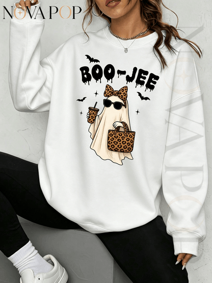 Women Thin Crewneck Sweatshirt, Boo-Jee Leopard Bow Ghost Bat Graphic Print, Back To School Fall Outfit For Women, Halloween Vacation Gift