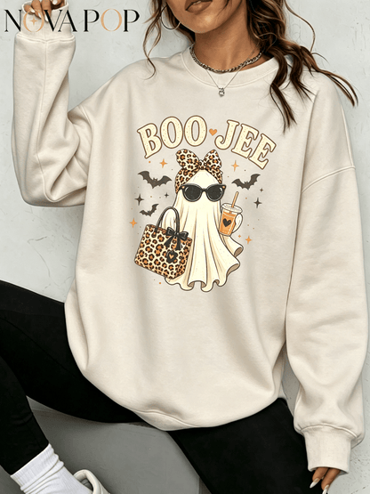 Women Thin Crewneck Sweatshirt, Boo-Jee Leopard Bow Ghost Bat Graphic Print, Back To School Fall Outfit For Women, Halloween Vacation Gift