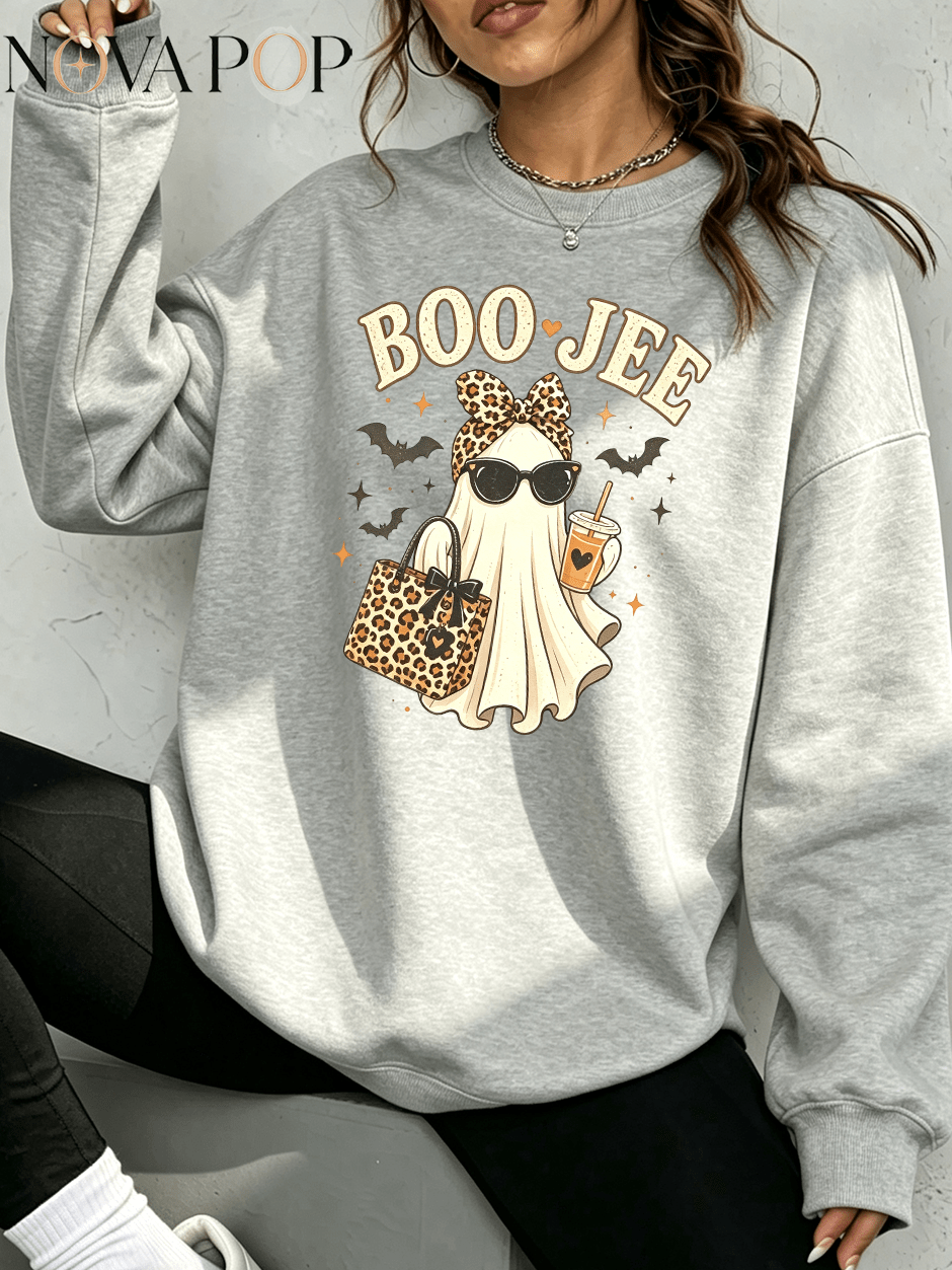 Women Thin Crewneck Sweatshirt, Boo-Jee Leopard Bow Ghost Bat Graphic Print, Back To School Fall Outfit For Women, Halloween Vacation Gift