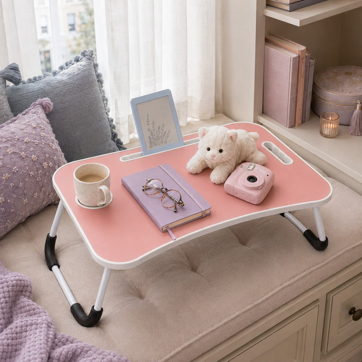 Laptop Bed Desk, Foldable Lap Desk Tray For Bed Sofa & Floor, Portable Folding Table With Tablet Holder & Cup Holder For Writing, Reading, Eating