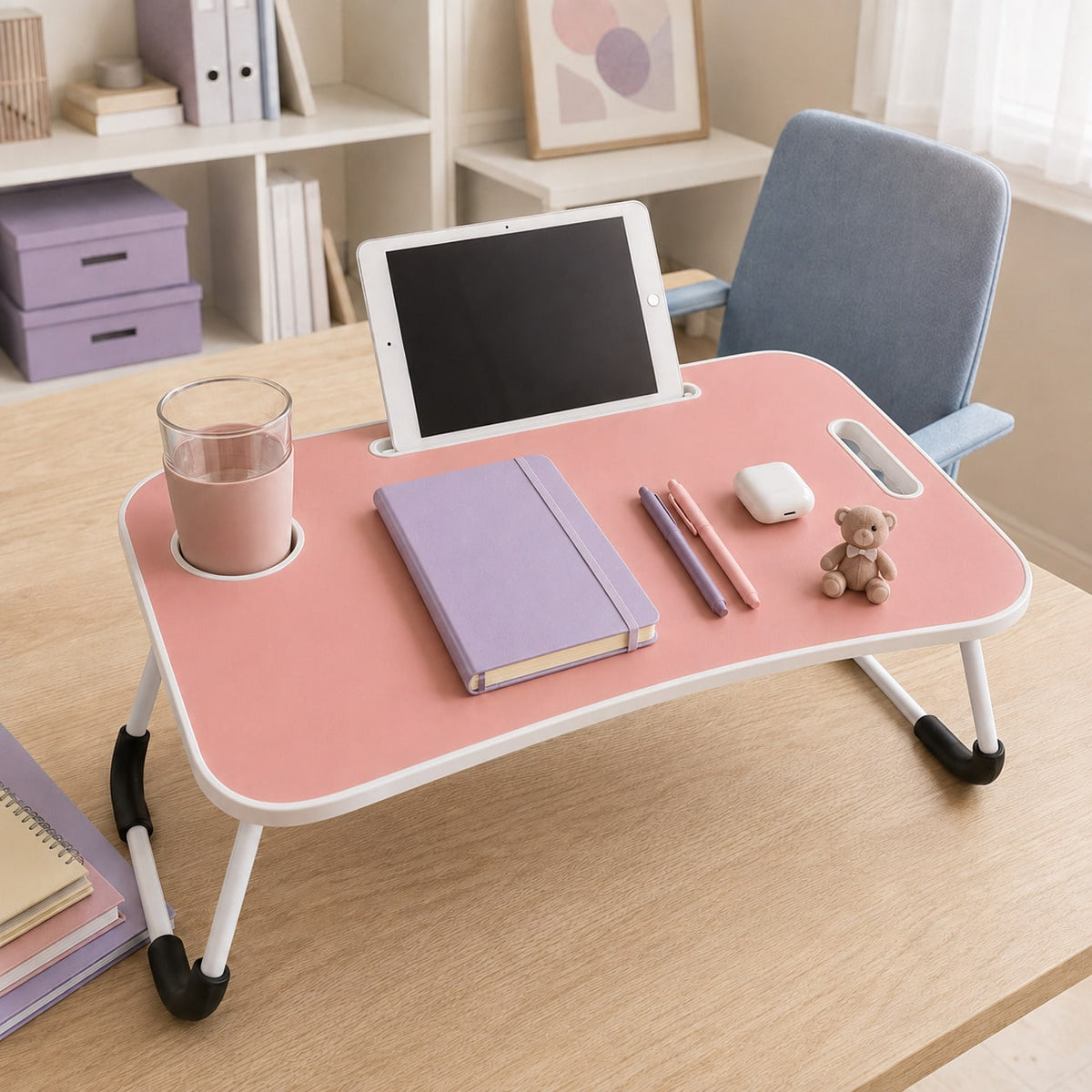 Laptop Bed Desk, Foldable Lap Desk Tray For Bed Sofa & Floor, Portable Folding Table With Tablet Holder & Cup Holder For Writing, Reading, Eating
