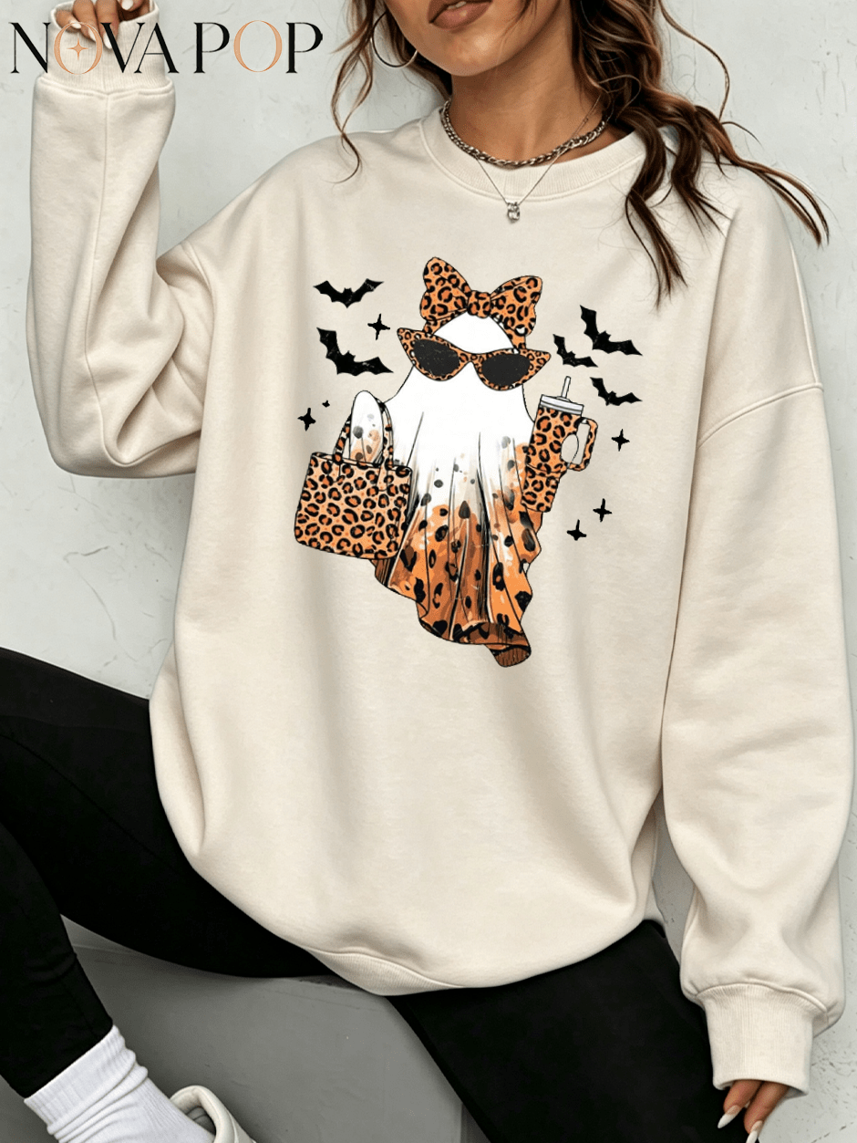 Women Thin Crewneck Sweatshirt, Boo-Jee Leopard Bow Ghost Bat Graphic Print, Back To School Fall Outfit For Women, Halloween Vacation Gift