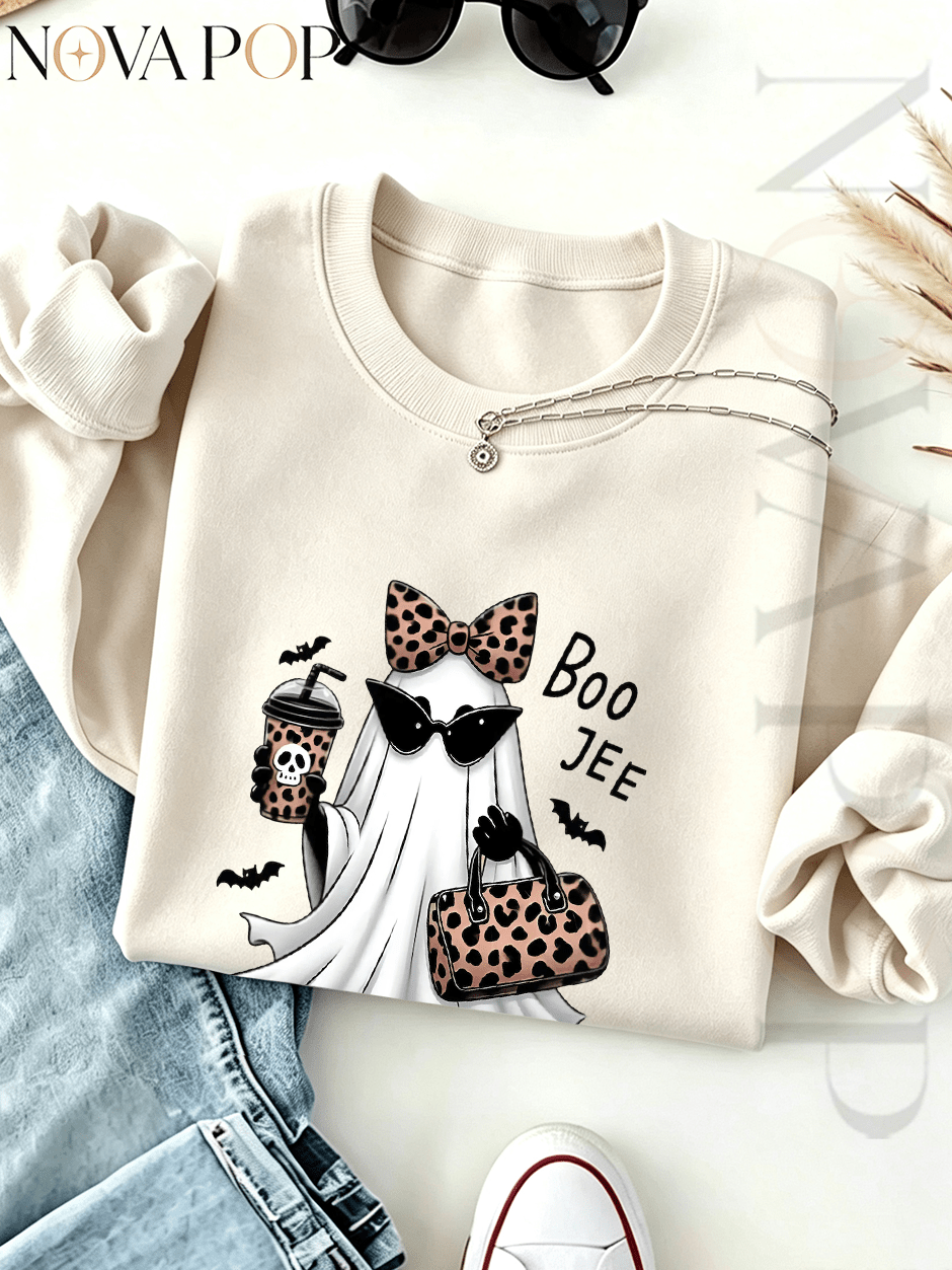 Women Thin Crewneck Sweatshirt, Boo-Jee Leopard Bow Ghost Bat Graphic Print, Back To School Fall Outfit For Women, Halloween Vacation Gift