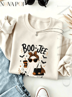 Women Thin Crewneck Sweatshirt, Boo-Jee Leopard Bow Ghost Bat Graphic Print, Back To School Fall Outfit For Women, Halloween Vacation Gift