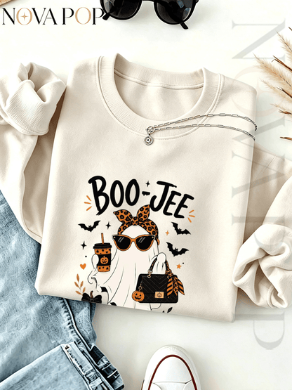 Women Thin Crewneck Sweatshirt, Boo-Jee Leopard Bow Ghost Bat Graphic Print, Back To School Fall Outfit For Women, Halloween Vacation Gift