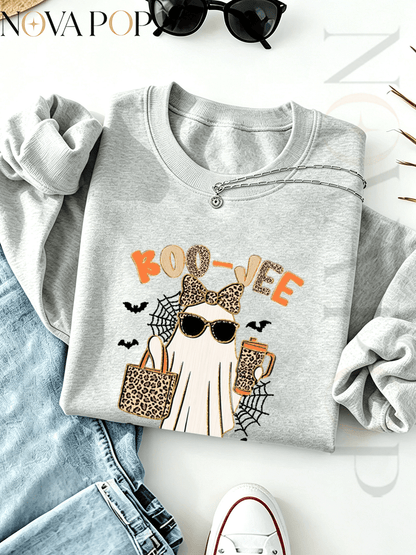 Women Thin Crewneck Sweatshirt, Boo-Jee Leopard Bow Ghost Bat Graphic Print, Back To School Fall Outfit For Women, Halloween Vacation Gift