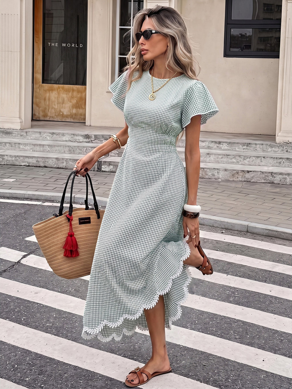 Serisse Women's Plaid Round Neck Ruffle Short Sleeve Elegant Long Dress