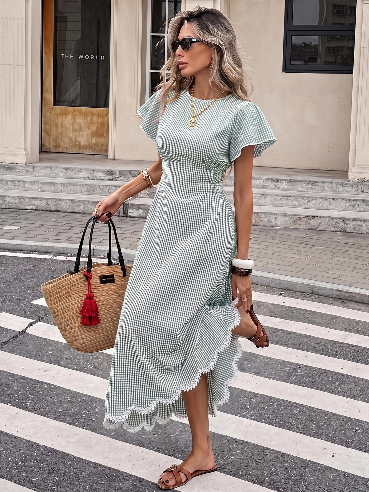 Serisse Women's Plaid Round Neck Ruffle Short Sleeve Elegant Long Dress