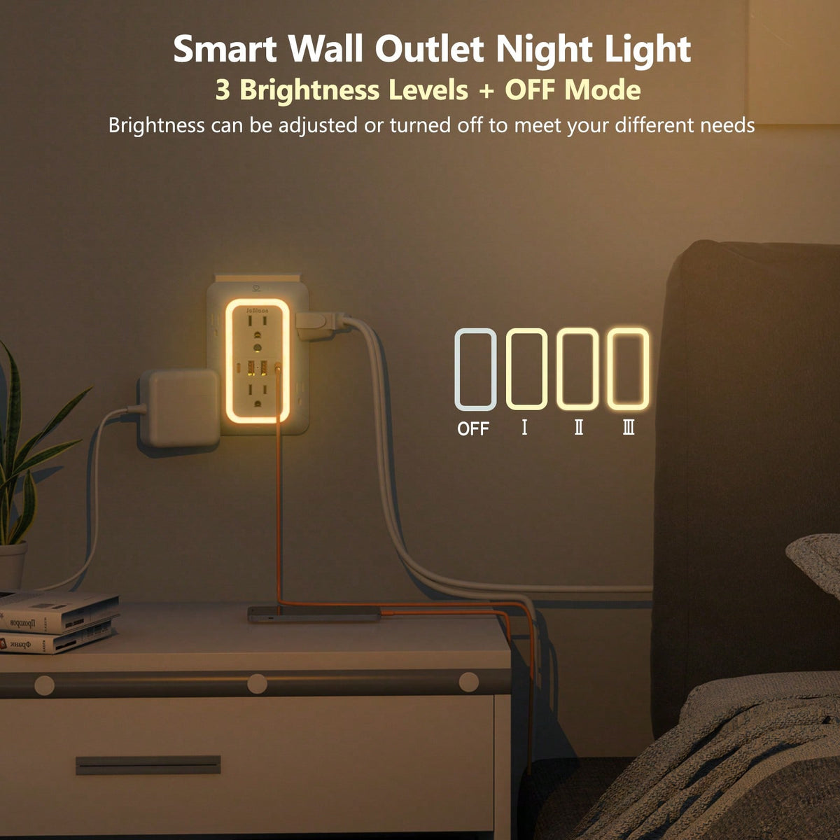10 In 1 Wall Outlet Extender With Dimmable Night Light, Surge Protector Plug Expander 6 AC Outlets 2 USB-C 2 USB-A, Dusk To Dawn Sensor Outlet Adapter For Bedroom Hallway Bathroom