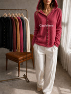 Women's 100% Cashmere Hooded Cardigan Sweater, Long Sleeve Button Front Drop Shoulder Basic Top, Casual Fall Winter Fashion