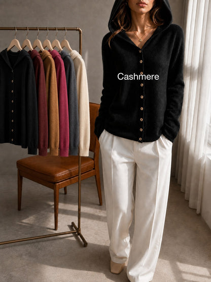 Women's 100% Cashmere Hooded Cardigan Sweater, Long Sleeve Button Front Drop Shoulder Basic Top, Casual Fall Winter Fashion