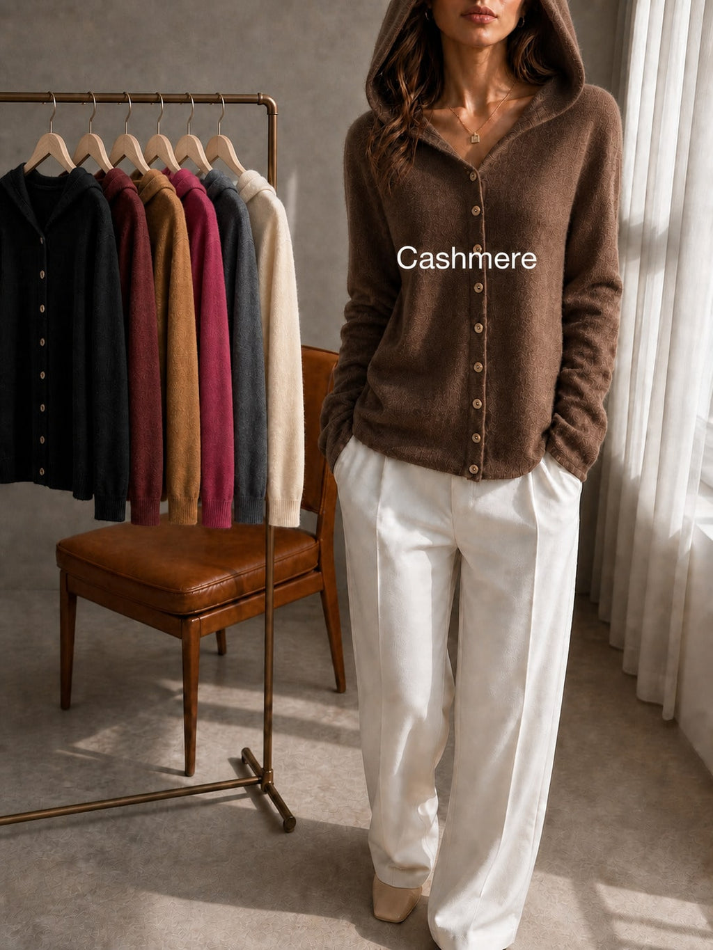 Women's 100% Cashmere Hooded Cardigan Sweater, Long Sleeve Button Front Drop Shoulder Basic Top, Casual Fall Winter Fashion