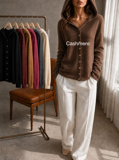 Women's 100% Cashmere Hooded Cardigan Sweater, Long Sleeve Button Front Drop Shoulder Basic Top, Casual Fall Winter Fashion