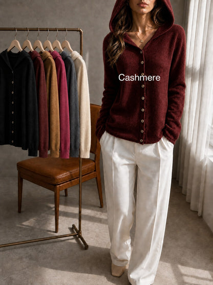 Women's 100% Cashmere Hooded Cardigan Sweater, Long Sleeve Button Front Drop Shoulder Basic Top, Casual Fall Winter Fashion