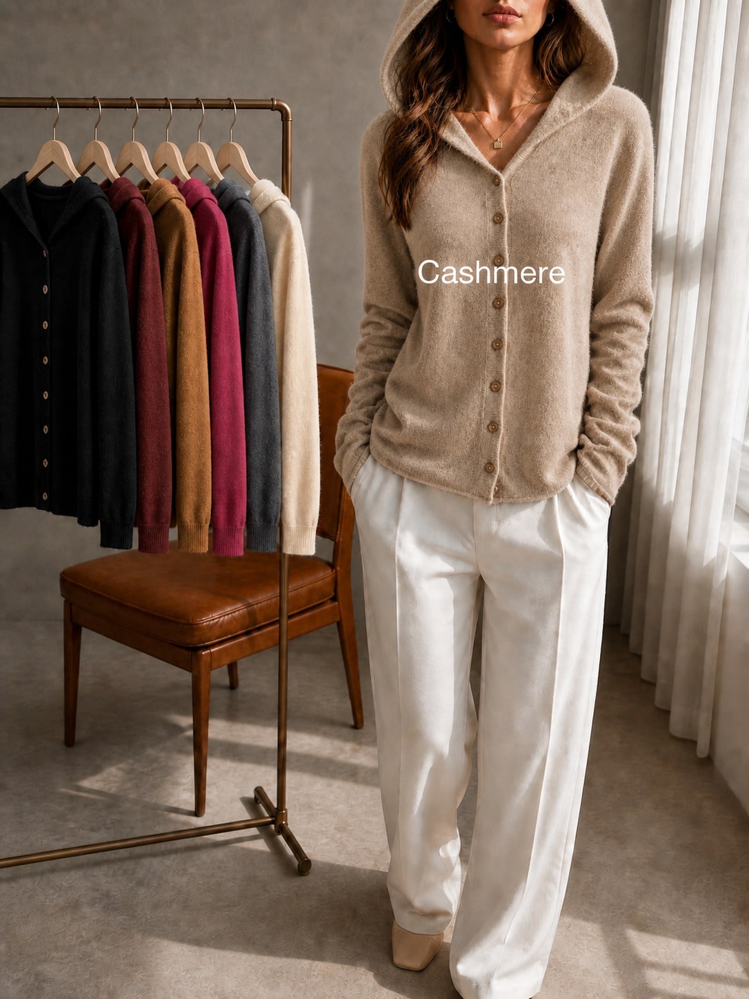 Women's 100% Cashmere Hooded Cardigan Sweater, Long Sleeve Button Front Drop Shoulder Basic Top, Casual Fall Winter Fashion