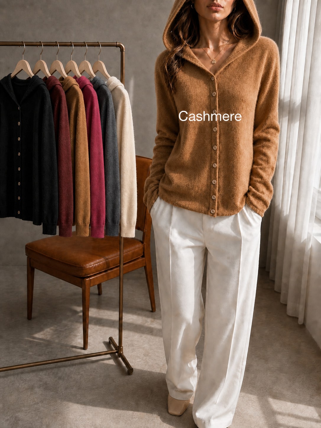 Women's 100% Cashmere Hooded Cardigan Sweater, Long Sleeve Button Front Drop Shoulder Basic Top, Casual Fall Winter Fashion