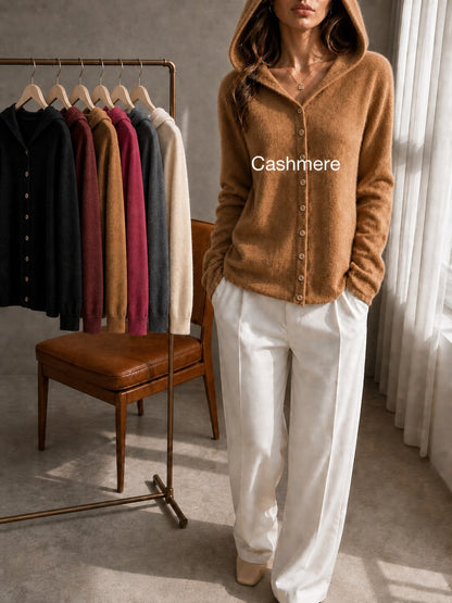 Women's 100% Cashmere Hooded Cardigan Sweater, Long Sleeve Button Front Drop Shoulder Basic Top, Casual Fall Winter Fashion