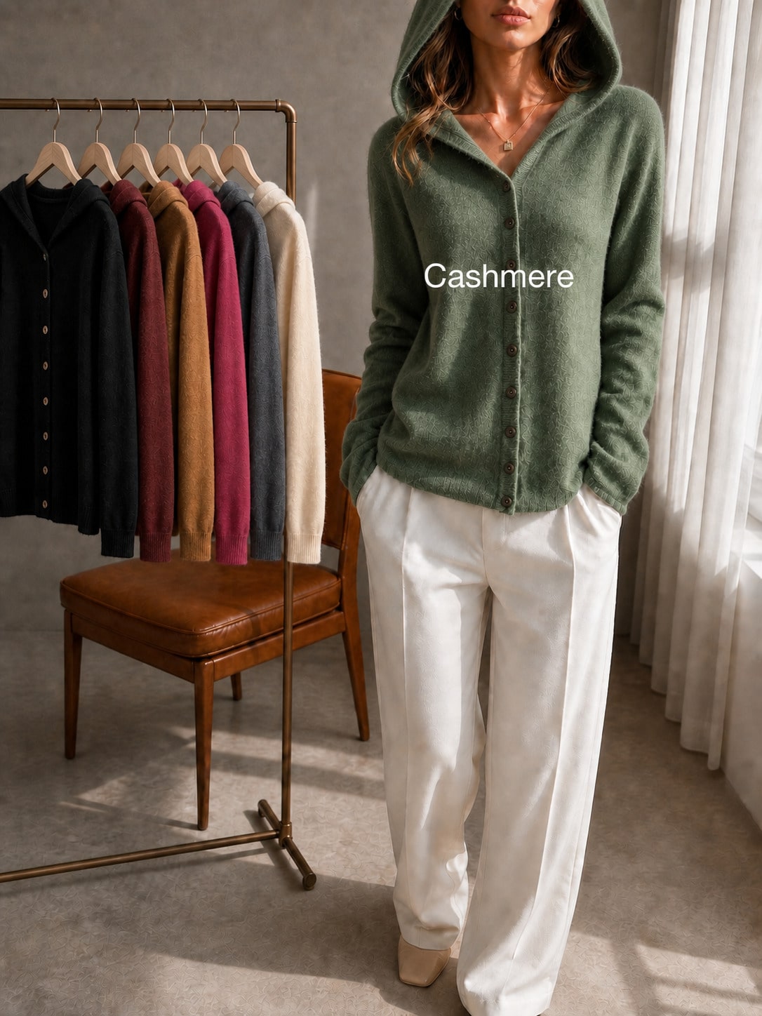Women's 100% Cashmere Hooded Cardigan Sweater, Long Sleeve Button Front Drop Shoulder Basic Top, Casual Fall Winter Fashion